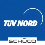 Das Bild zeigt das TÜV NORD Logo auf blauem Hintergrund über dem Schüco Logo.